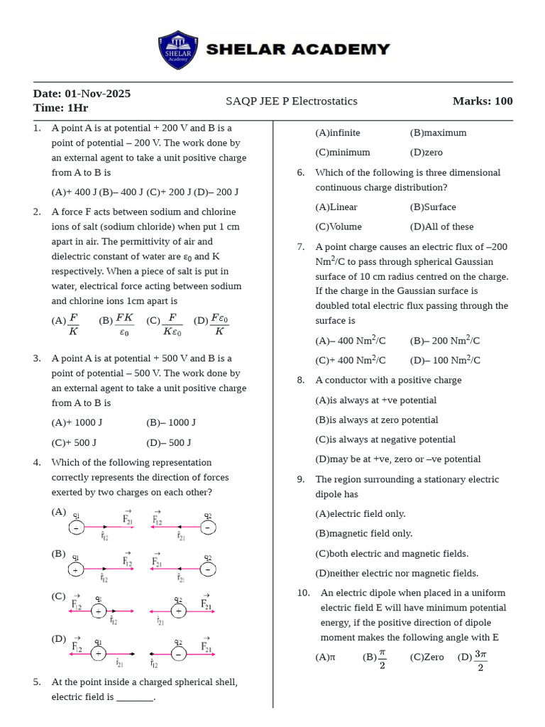 SAQP JEE P Electrostatics | PDF | Electric Field | Magnetic Field