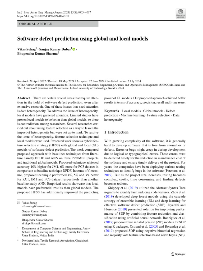 2024 - Suhag - Software Defect Prediction Using Global and Local Models ...