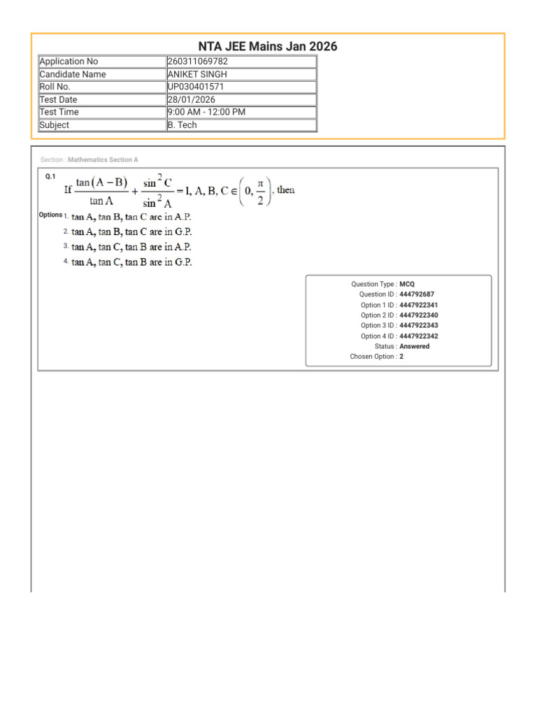 Jee Main Answer Sheet | PDF | Multiple Choice | Standardized Tests