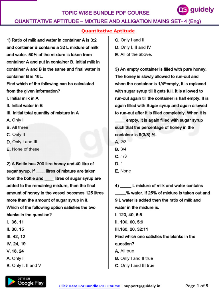 Allegation and Mixture Set - 4 | PDF | Litre | Honey