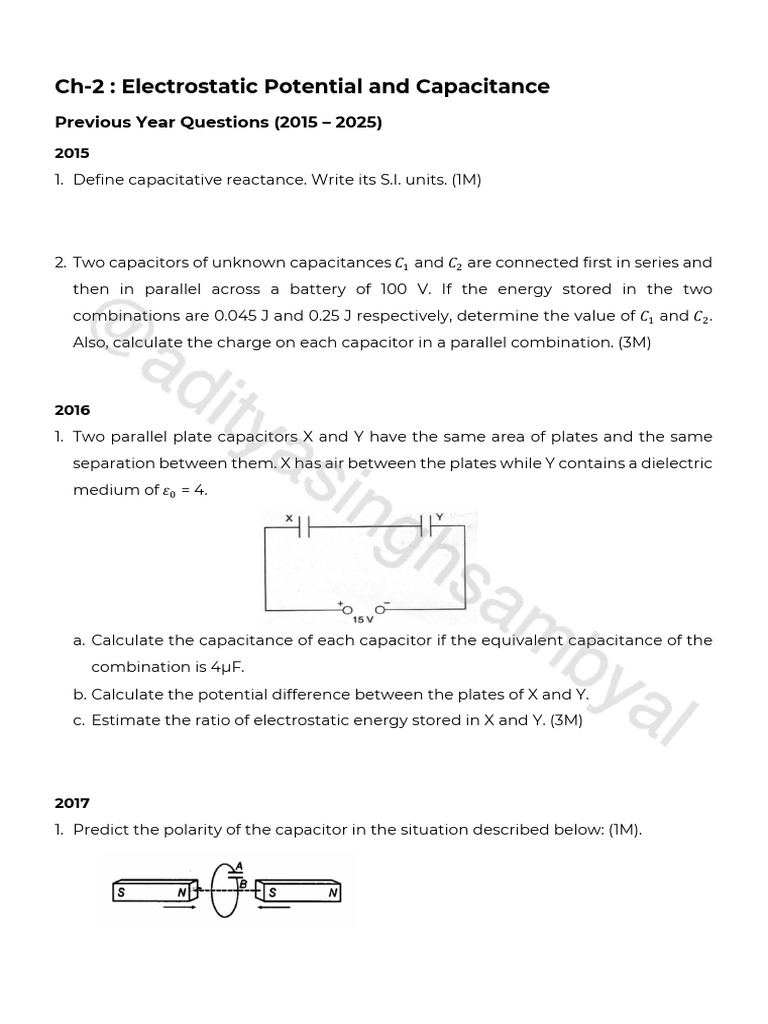 Ch-2 Electrostatic Potential and Capacitance PYQ'26 | PDF | Capacitor ...