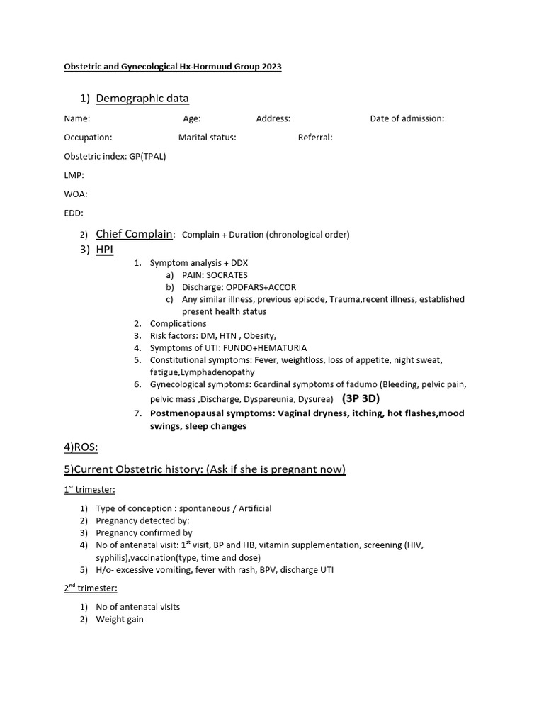 Obstetric and Gynecology History Format Modified | PDF | Pregnancy ...