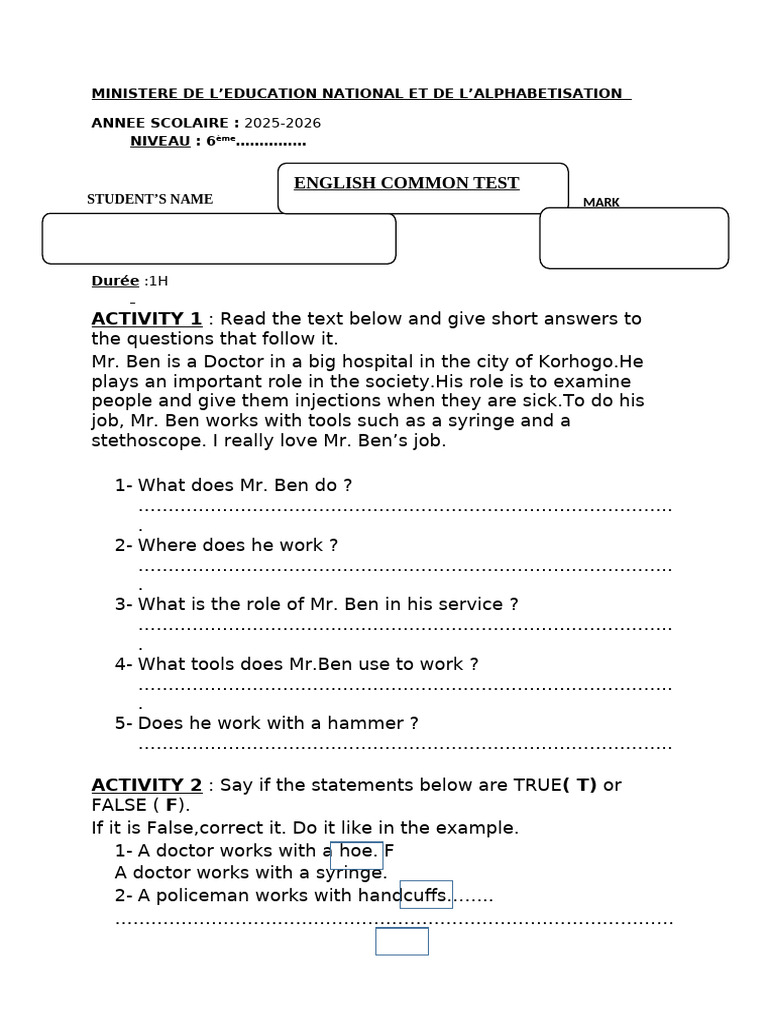 Jobs and Occupations Test | PDF