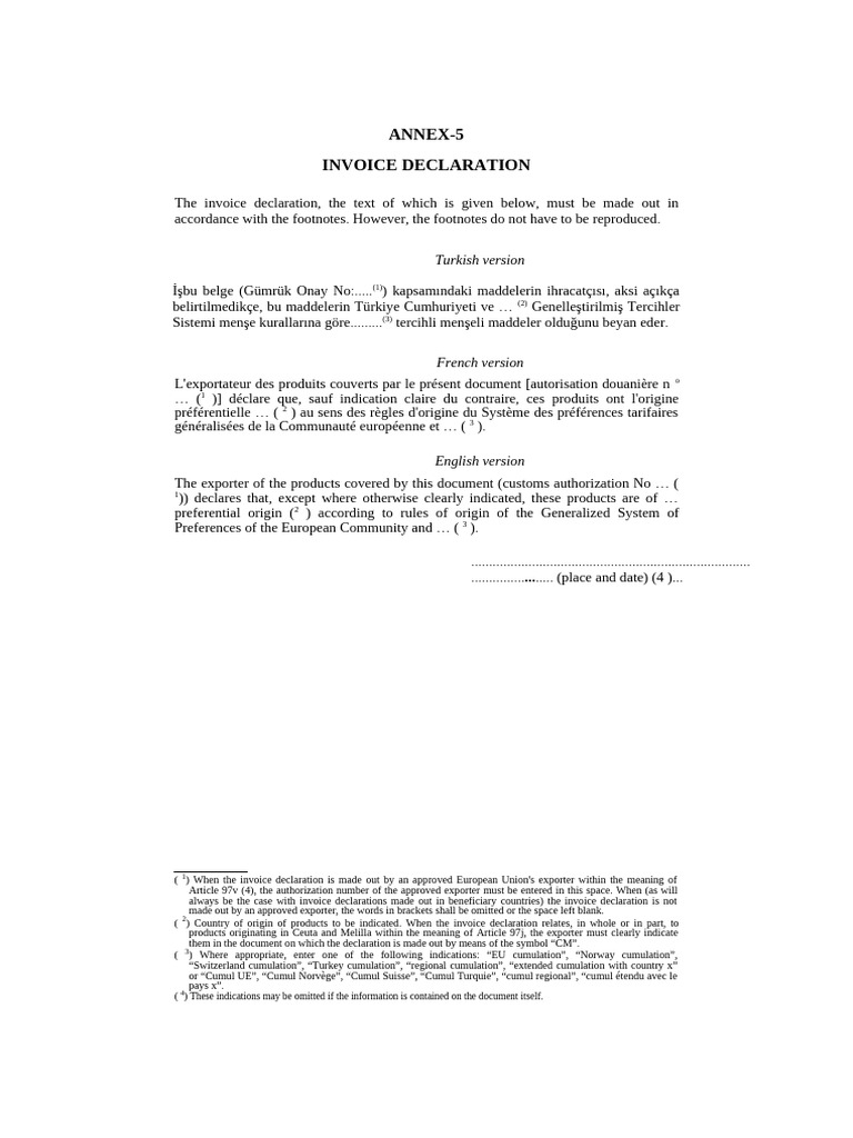 ANNEX-5 Turkey - Invoice Declaration | PDF