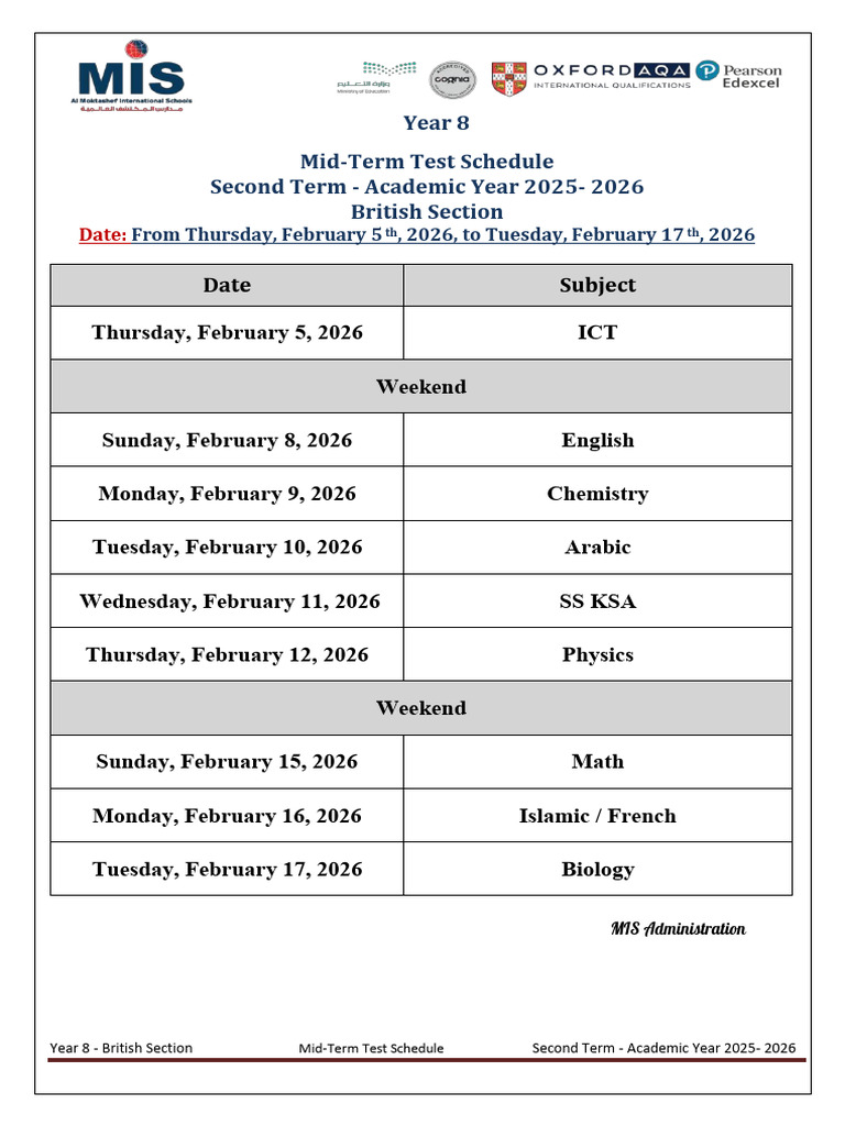 Year 8 Mid Term Schedule | PDF