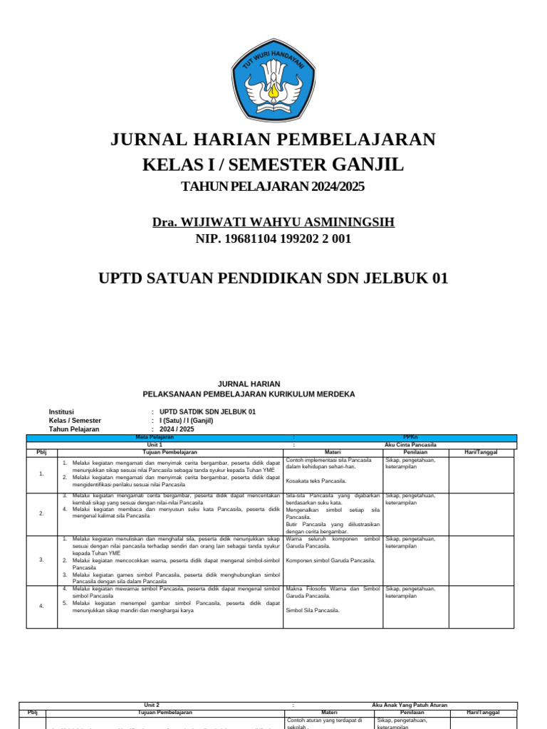 Jurnal Harian Kelas 1 Semester 1 Kurmer (2023-2024) | PDF