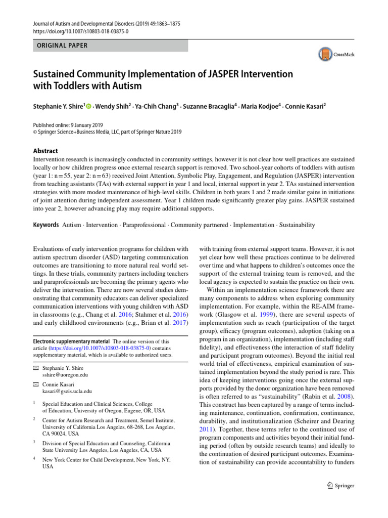 Or. Sustained Community Implementation of JASPER Intervention With ...