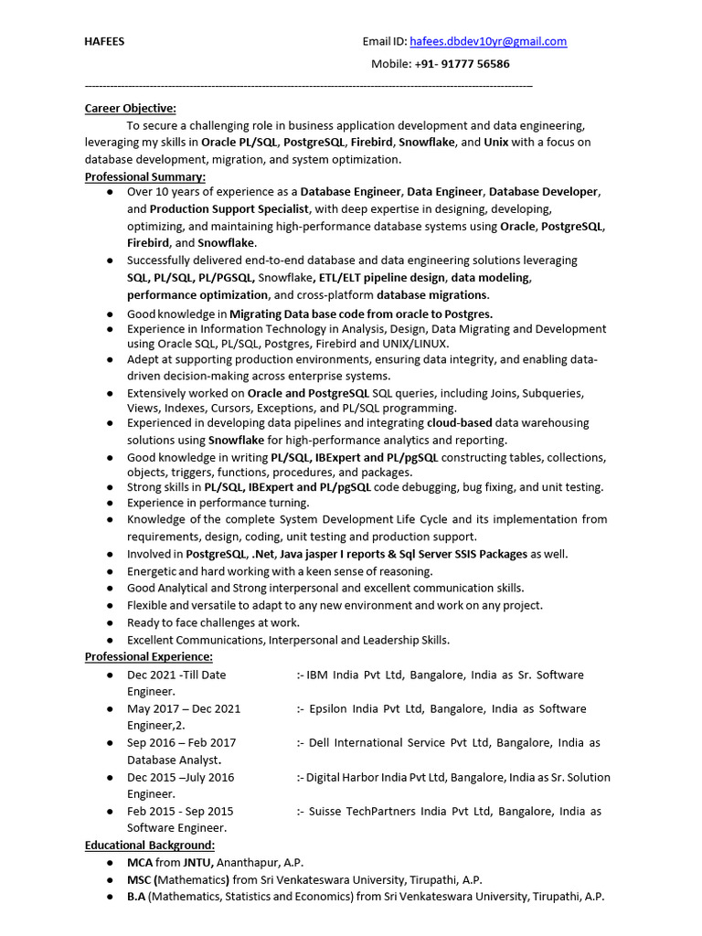 Hafees Database Engineer 10yrs Detailed Cv | PDF | Postgre Sql | Databases