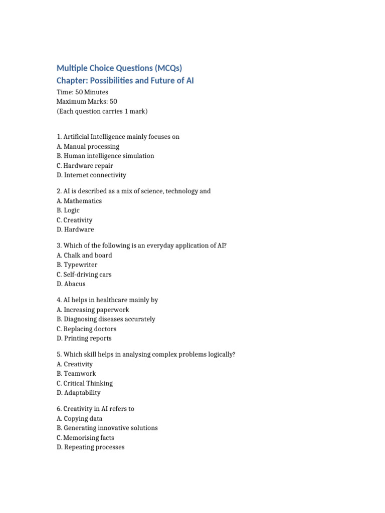 Possibilities and Future of AI MCQs 50 Marks | PDF | Artificial ...