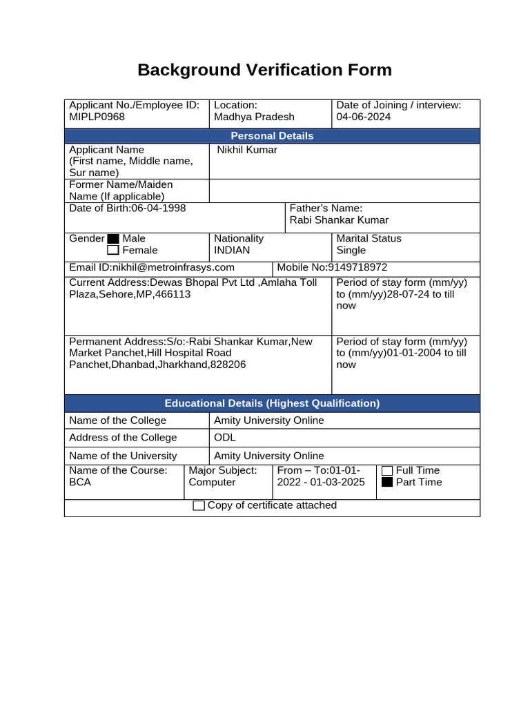 Employee Background Verification Form | PDF
