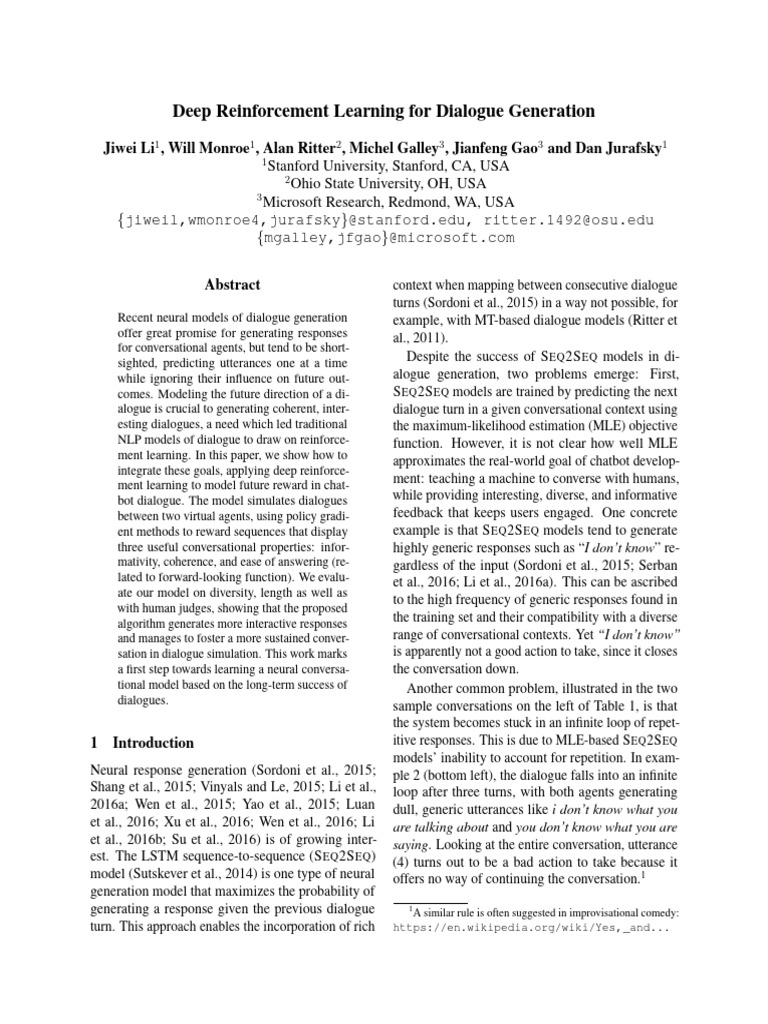 Deep Reinforcement Learning For Dialogue Generation 4ibyymy1c2 | PDF ...
