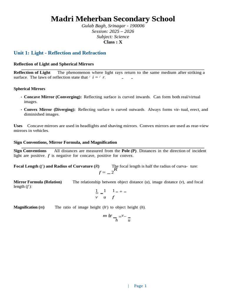 Chapter 1 Light - Reflection and Refraction | PDF | Light | Optics