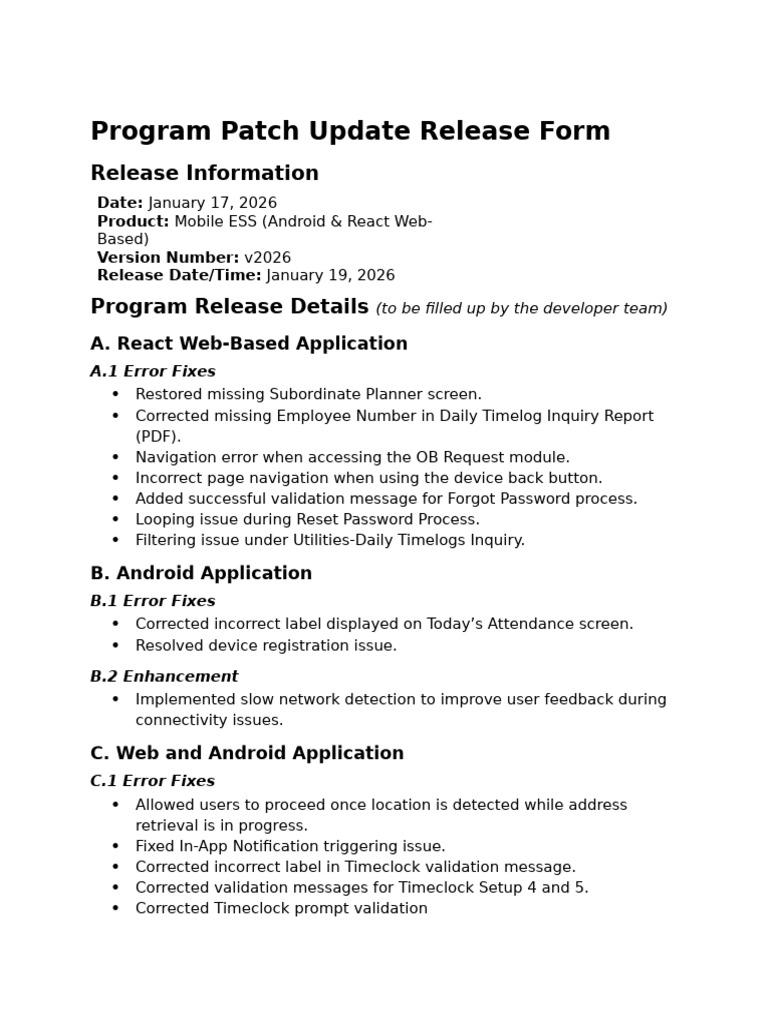 Program Release Form Mobile ESS - 01172026 | PDF | Android (Operating ...