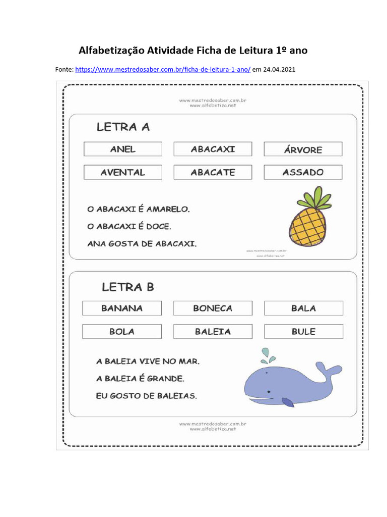Alfabetização Atividade Ficha de Leitura 1º Ano MestredoSaber | PDF