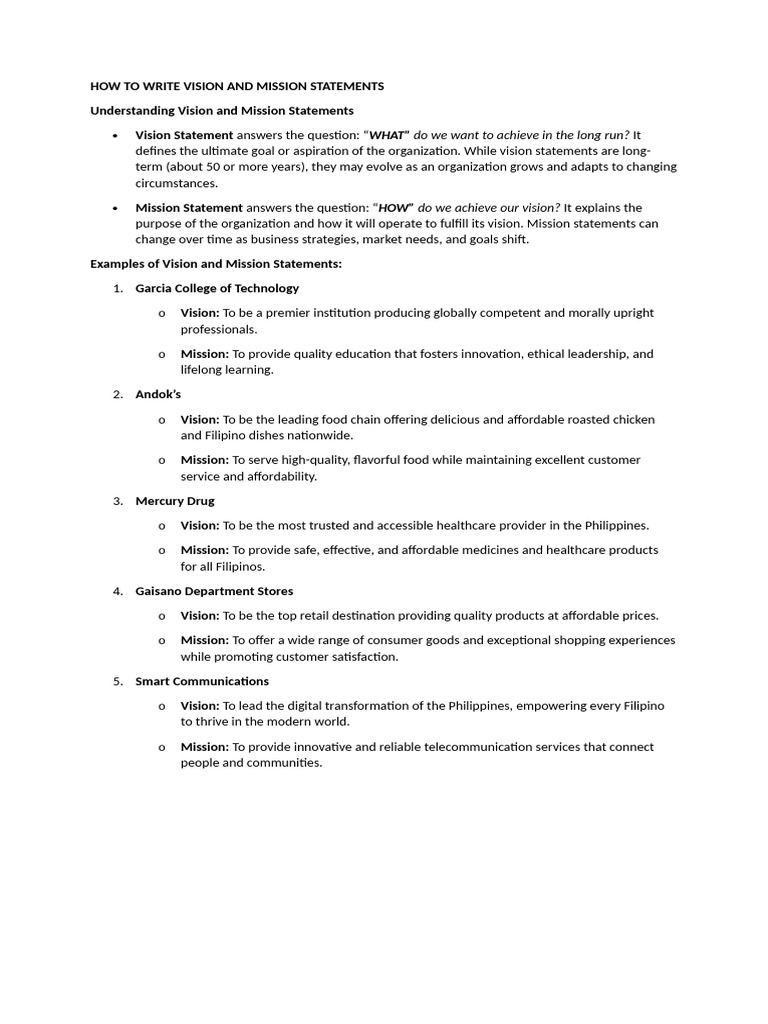 How To Write Vision and Mission Statements | PDF