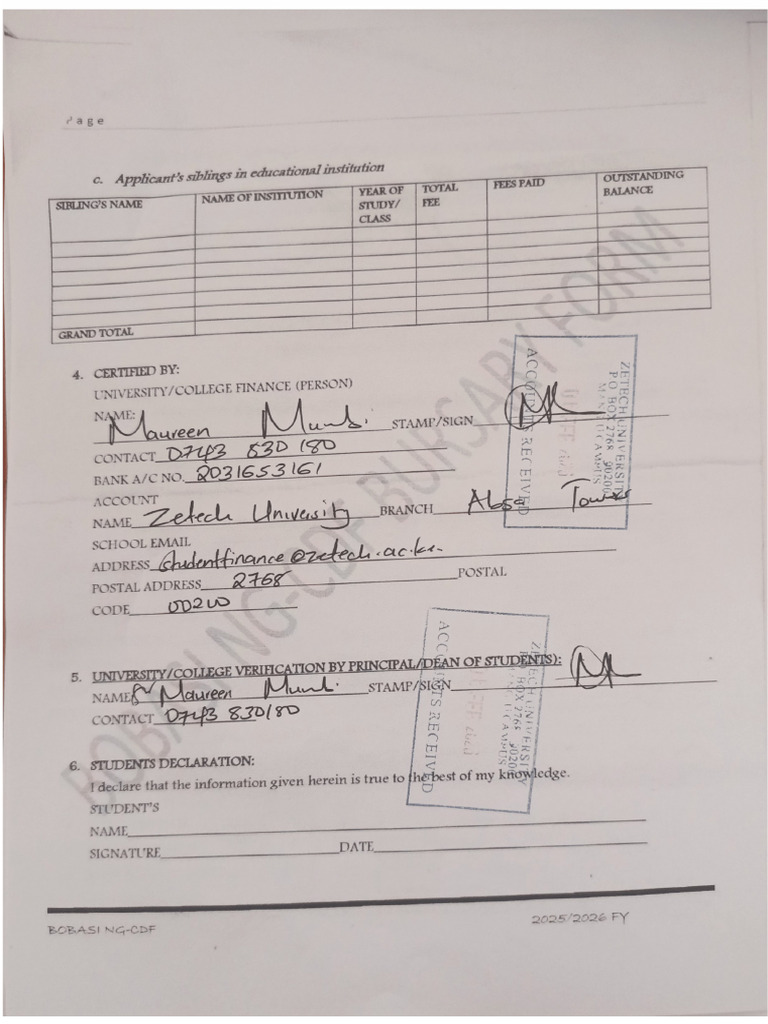 School Signed Form Zetech | PDF