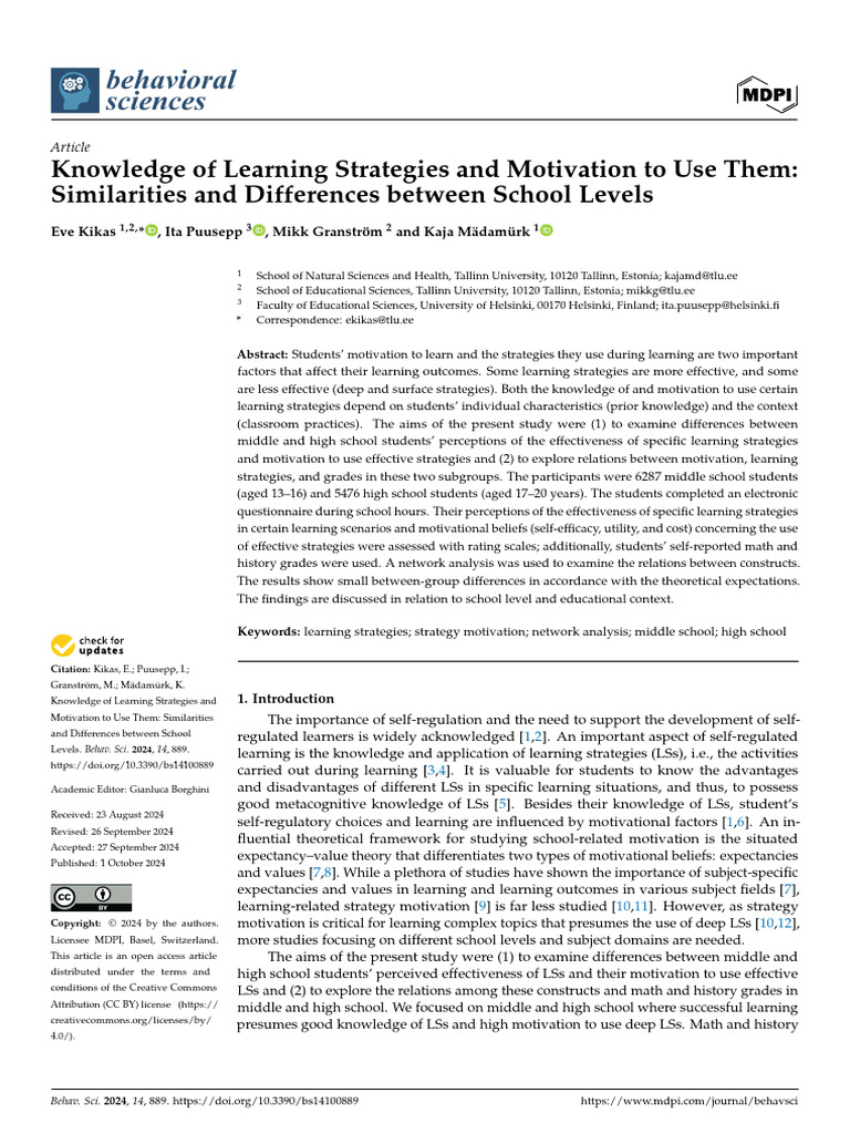 behavsci-14-00889 | PDF | Learning | Self Efficacy