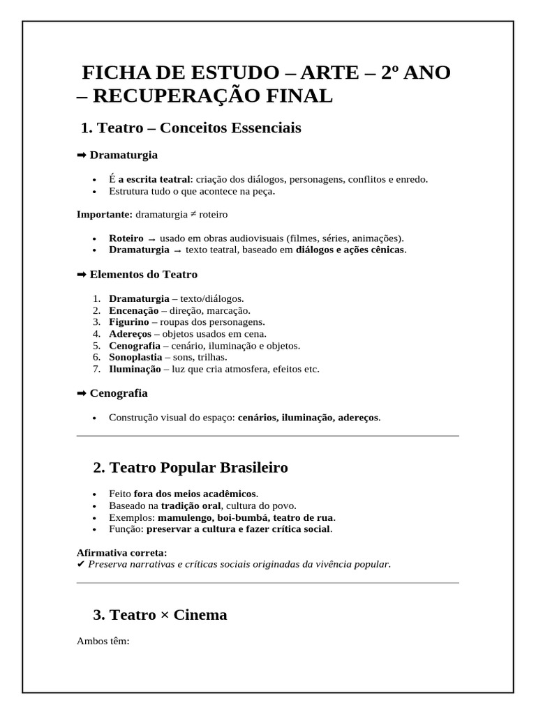 FICHA DE ESTUDO 2 Ano Arte | PDF | Danças | Teatro