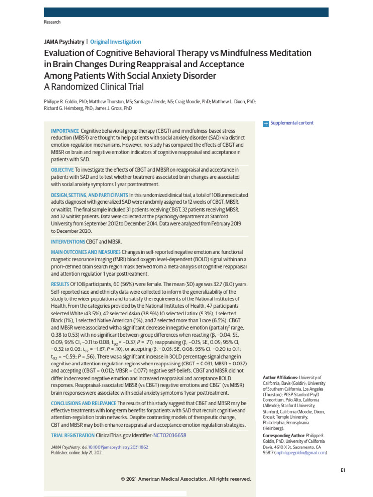 RCT de TCC e Mindfulness Para T de Amsiedade Social | PDF | Cognitive ...