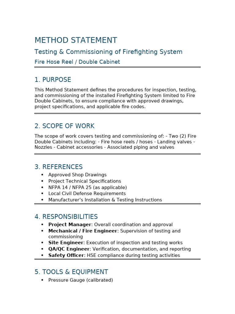 Method Statement - Testing & Commissioning (Firefighting System - Fire ...