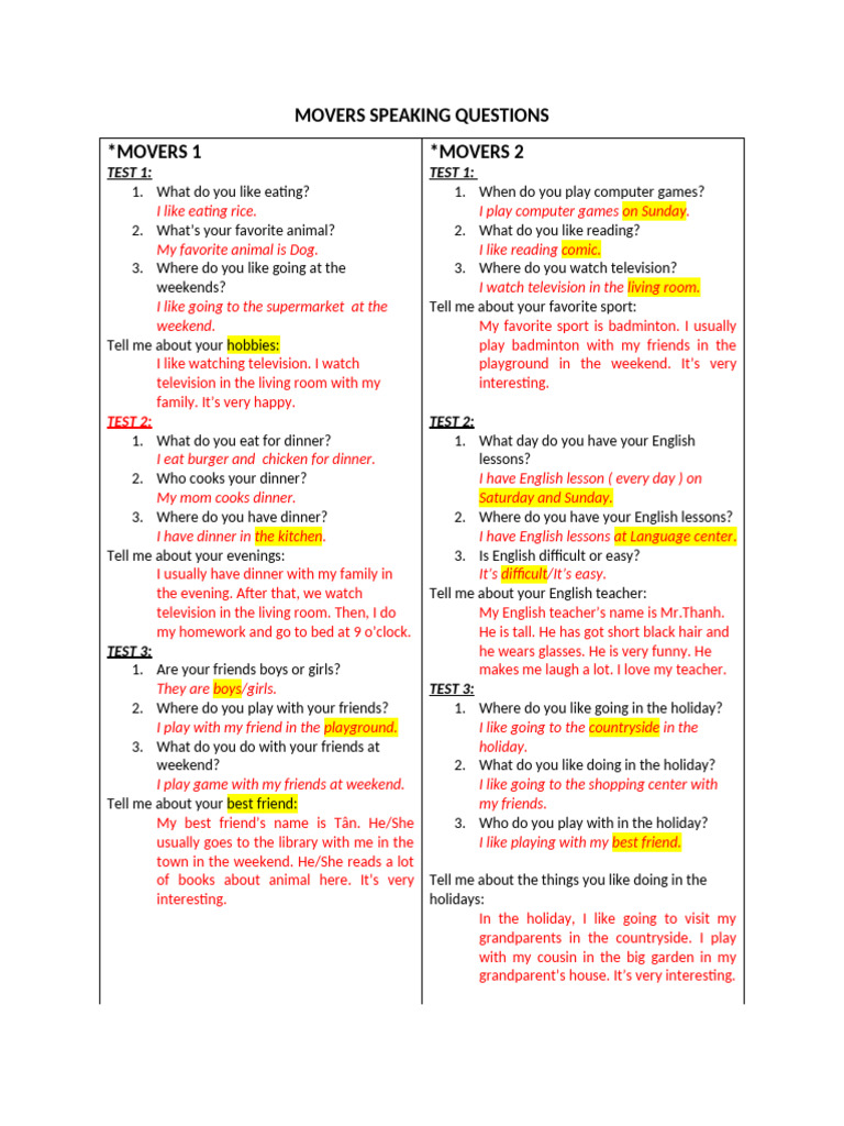 Movers Speaking Questions | PDF