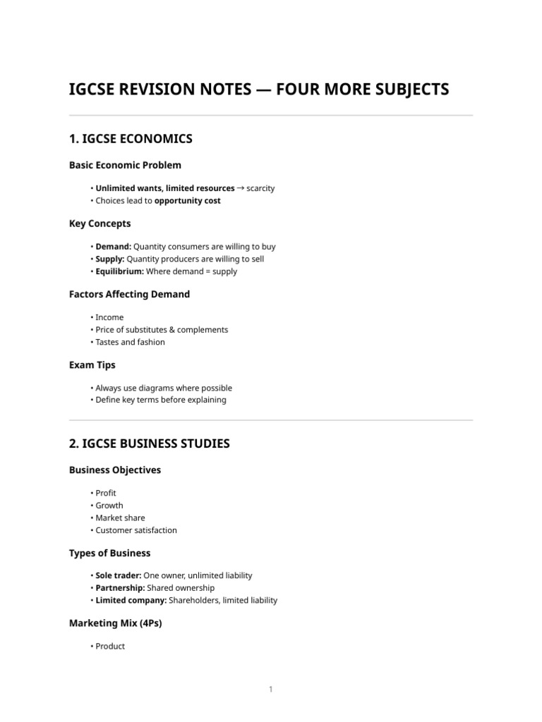 Igcse Revision Notes (4 More Subjects) | PDF