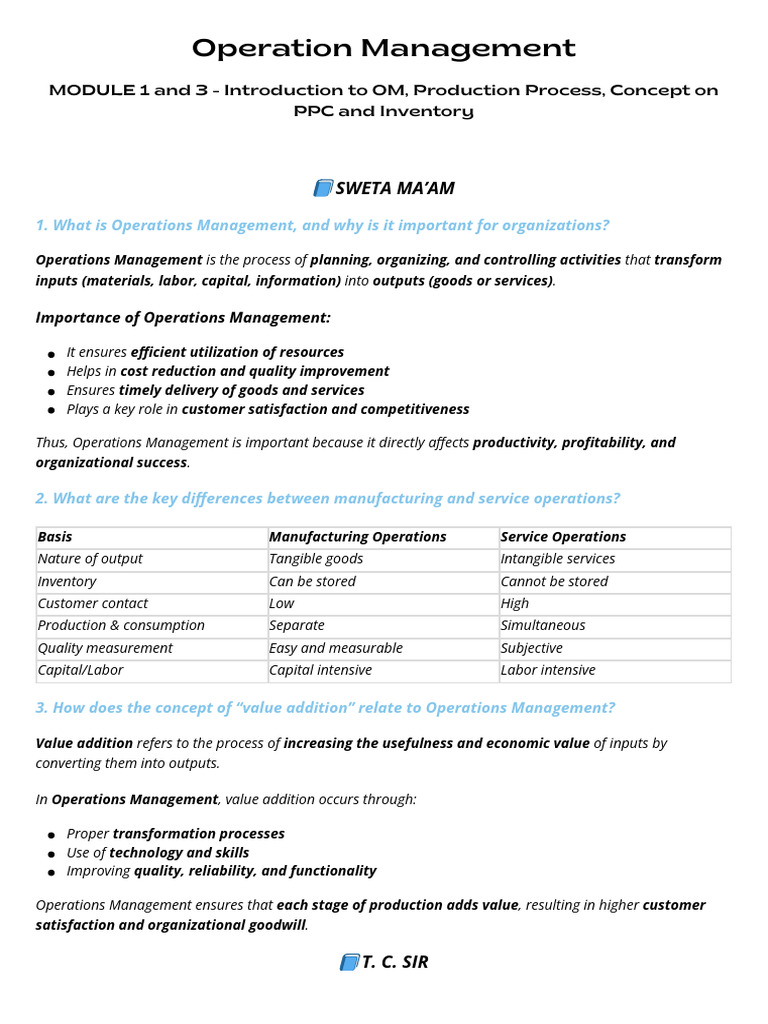 M1 & 3 - Introduction to OM, Production Process, Concept on PPC and ...
