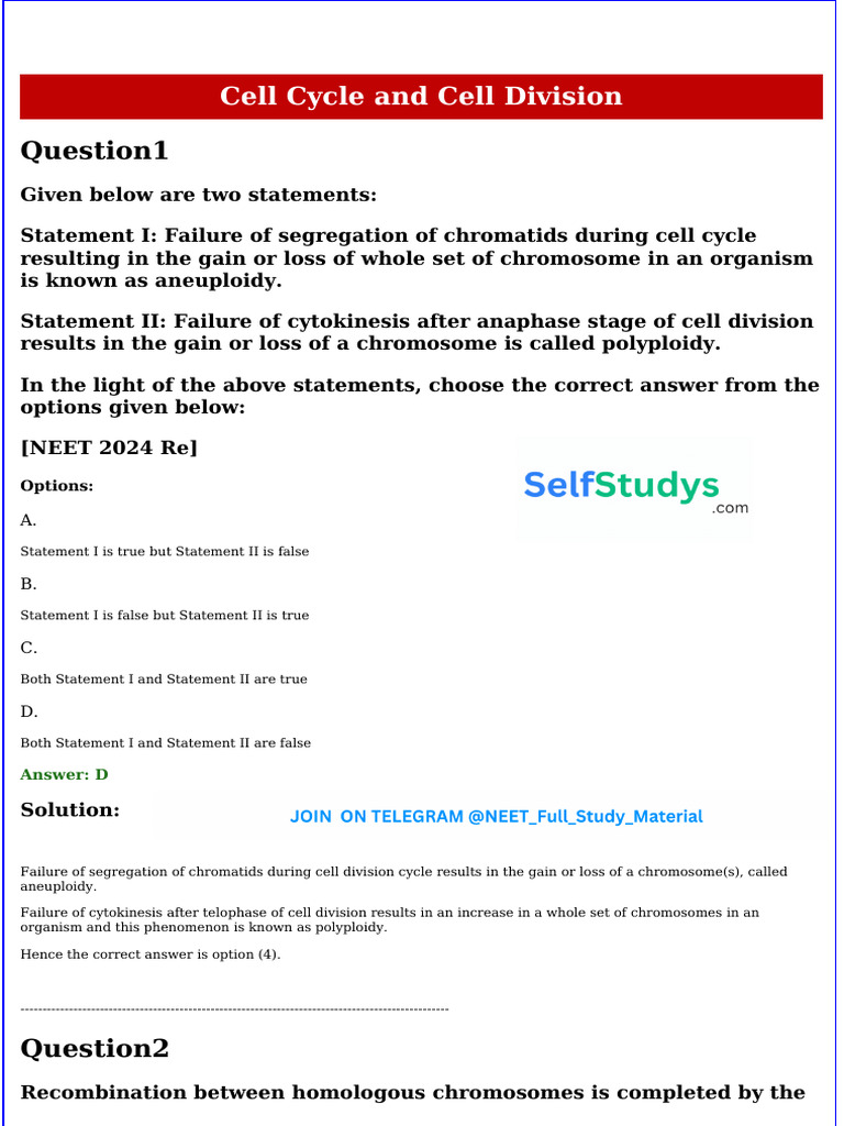 Cell Cycle and Cell Division Neet Pyq | PDF | Meiosis | Mitosis