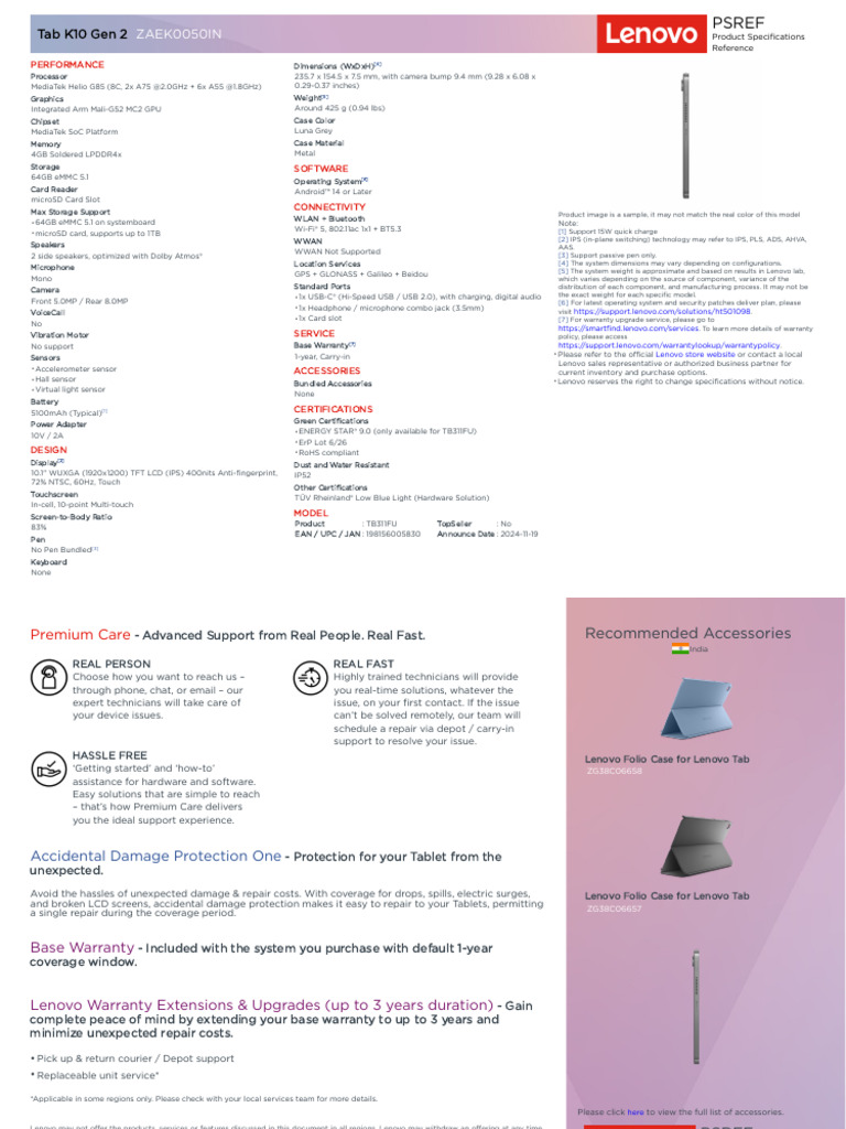 Tab K10 Gen 2-ZAEK0050IN-Specification-20260112094835 | PDF | Lenovo ...