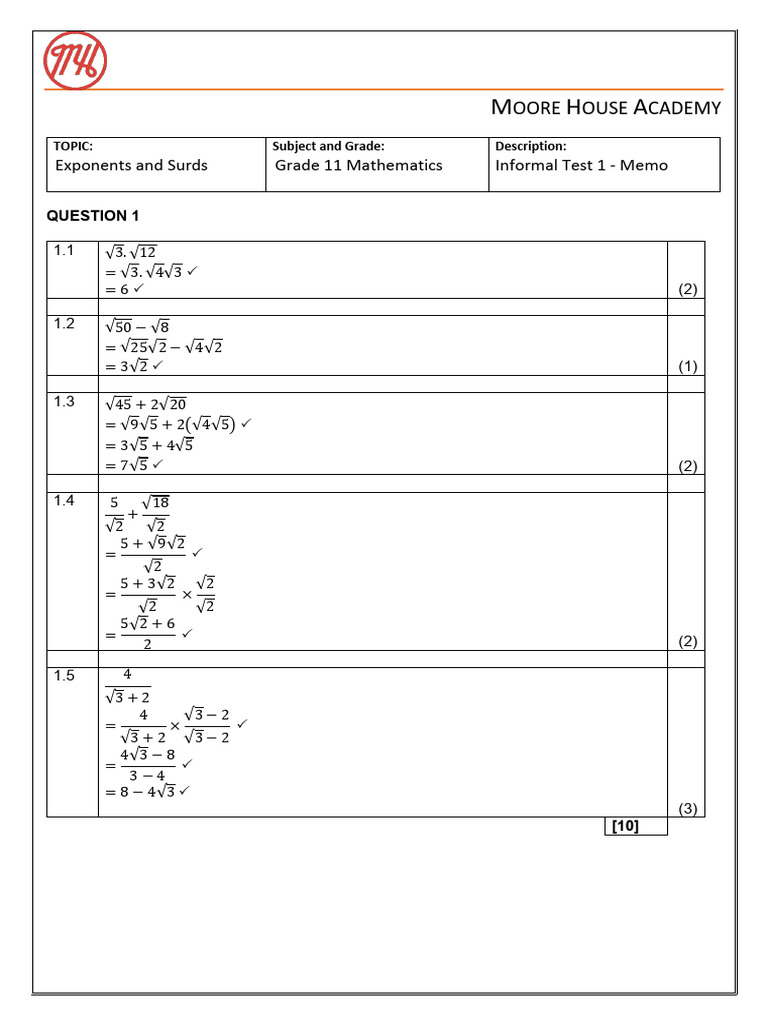 Informal Test 1 - Surds Exponents - Memo | PDF