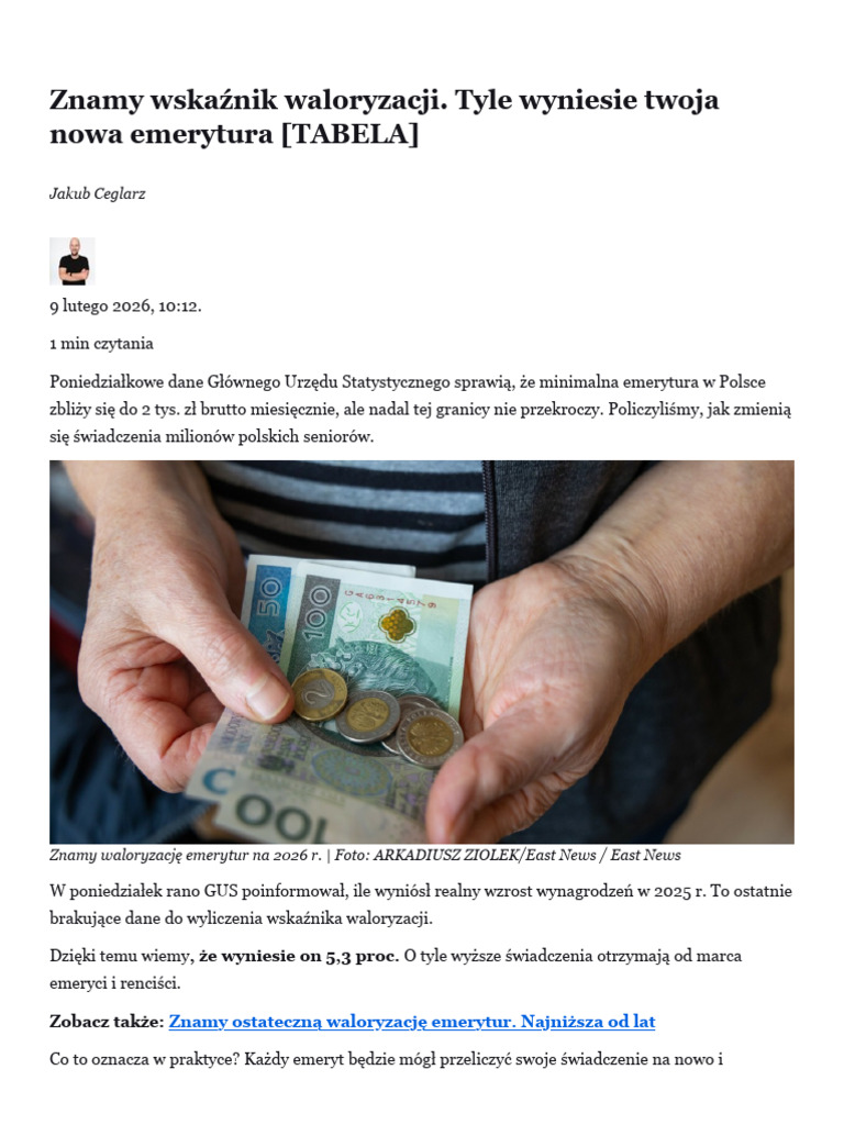 Waloryzacja 2026. Tyle Wyniesie Twoja Nowa Emerytura (TABELA) | PDF