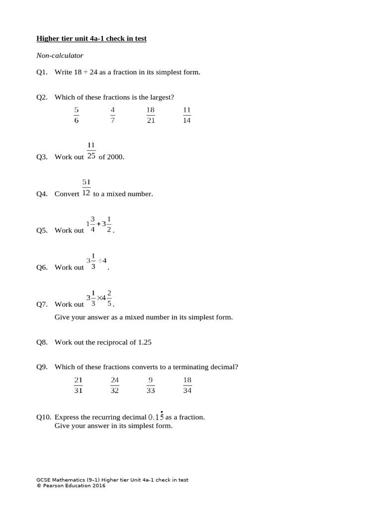Higher Unit 04a-1 Check in Test - Fractions | PDF