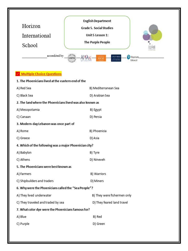 S.S Unit 5 L 1 Worksheet | PDF | Phoenicia