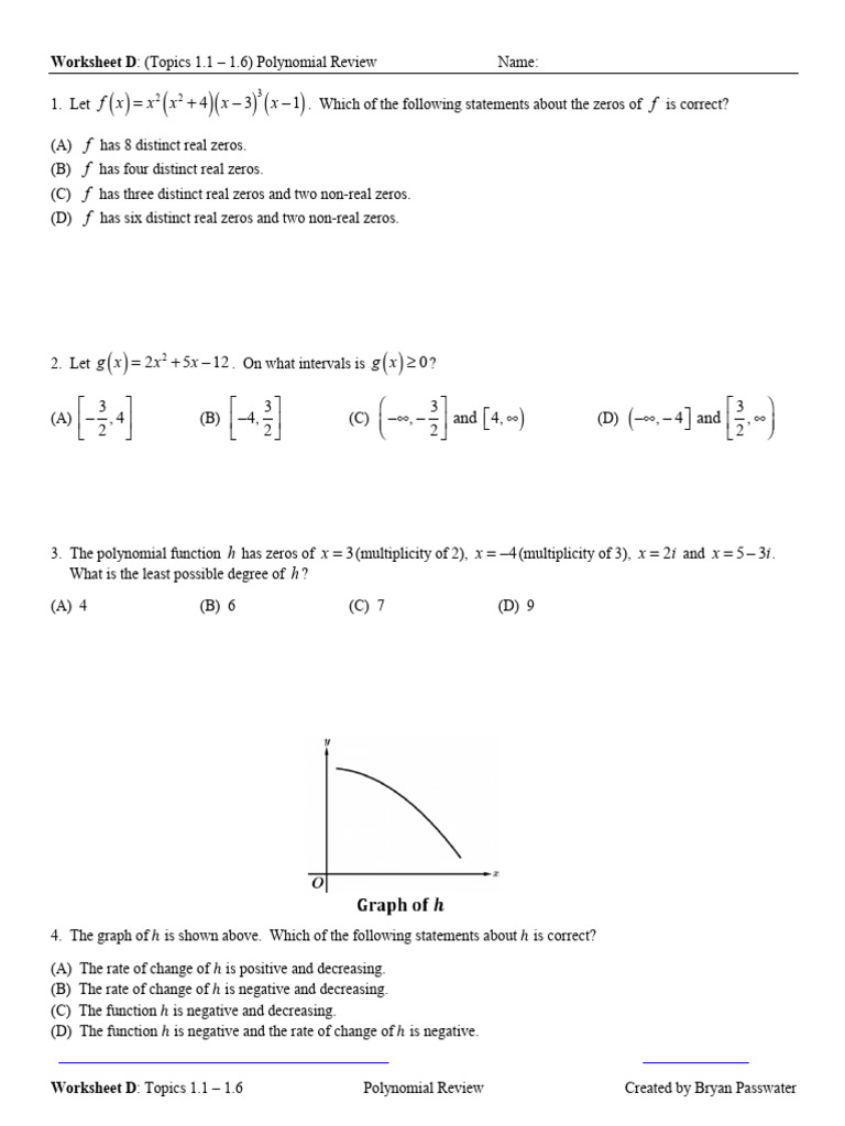 AP Precalculus Worksheet 1.1 1.6D Review | PDF | Zero Of A Function ...
