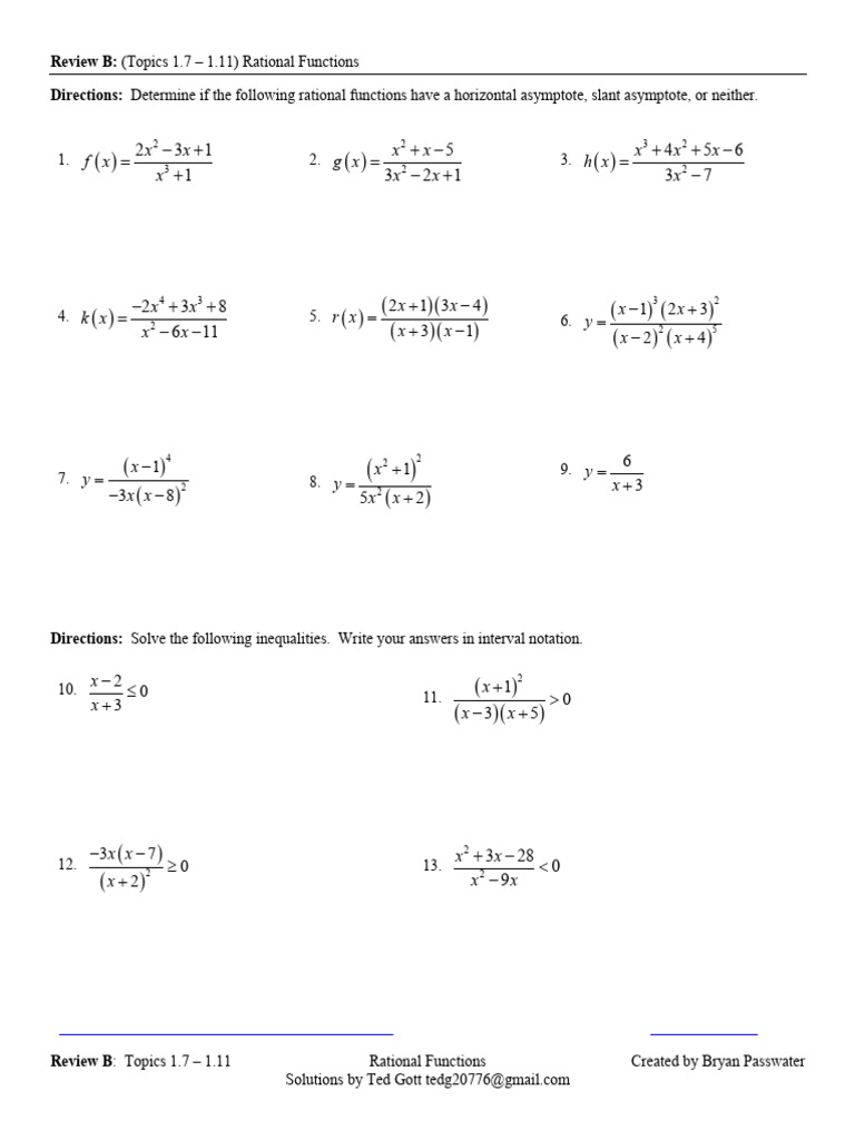 AP Precalculus Worksheet 1.7 1.11B Review Rational Functions | PDF ...