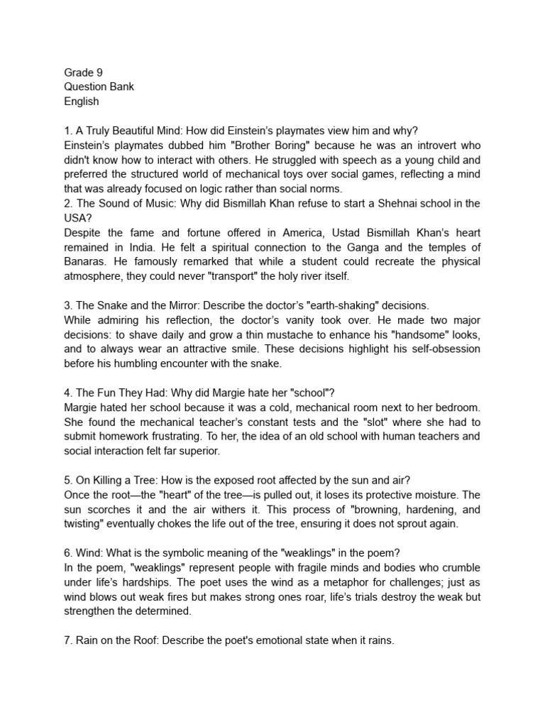 Question Bank Grade 9 | PDF
