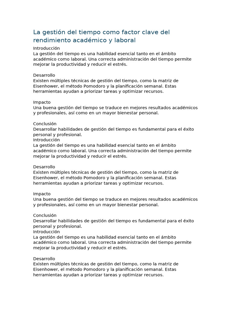 La Gestión Del Tiempo Como Factor Clave Del Rendimiento Académico y ...