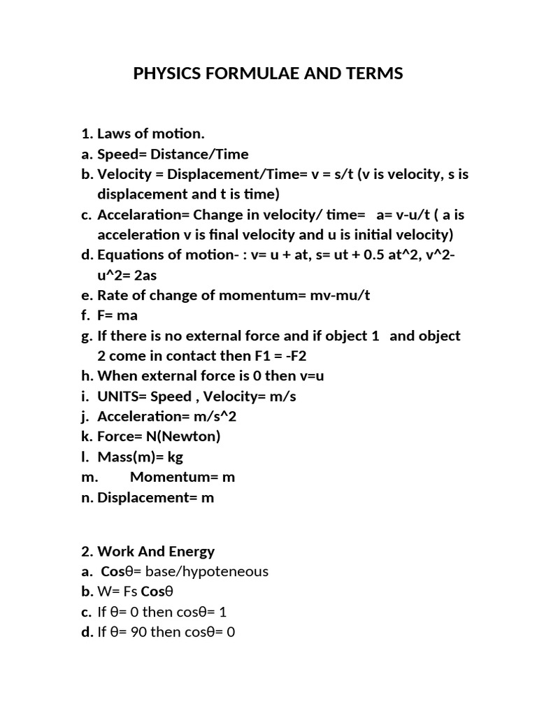 Physics Formulae and Terms | PDF