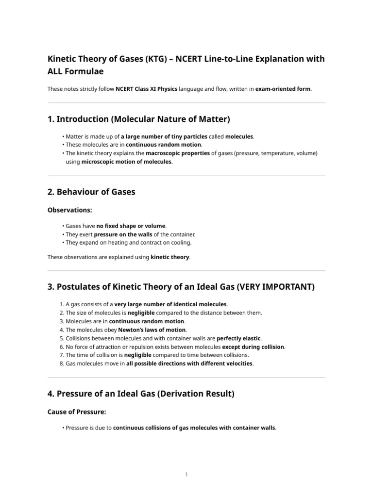 Kinetic Theory of Gases - Ncert Line-By-line Notes (Class Xi) | PDF ...