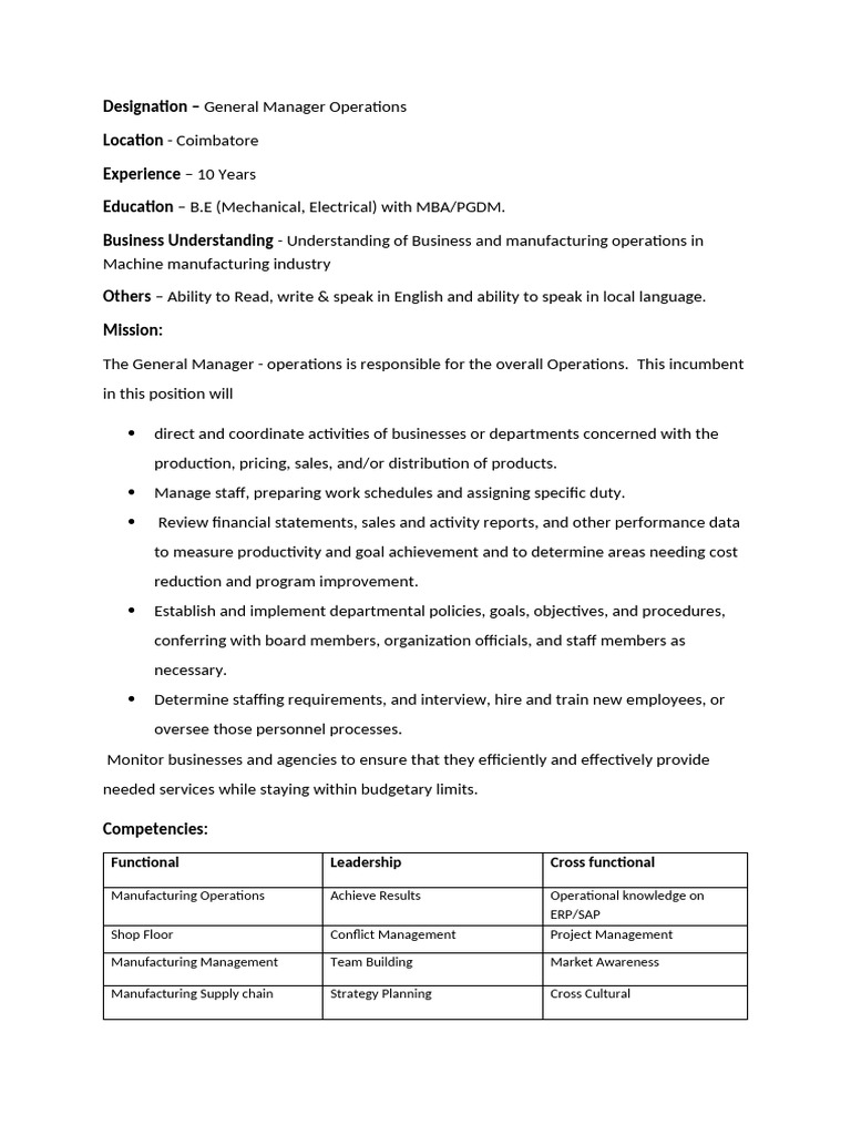 General Manager - Operations | PDF | Human Resources | Budget