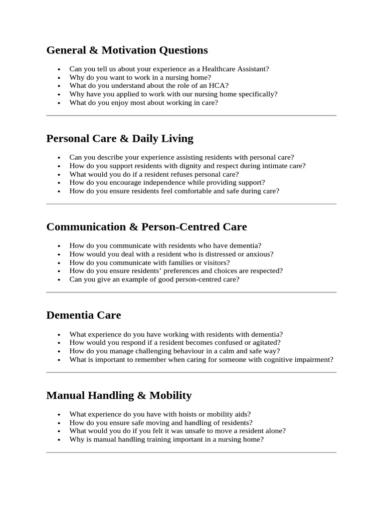 Questions For HCA Roles | PDF | Dementia | Health Care