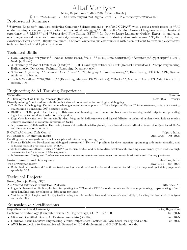 Resume Altaf Outlier AI Trainer | PDF | Software Development | Computer ...