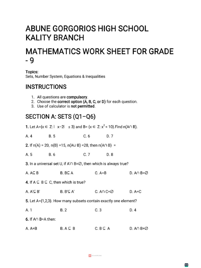 Maths Work Sheet For Grade 9 Selected Questions From Unit 1 4 | PDF