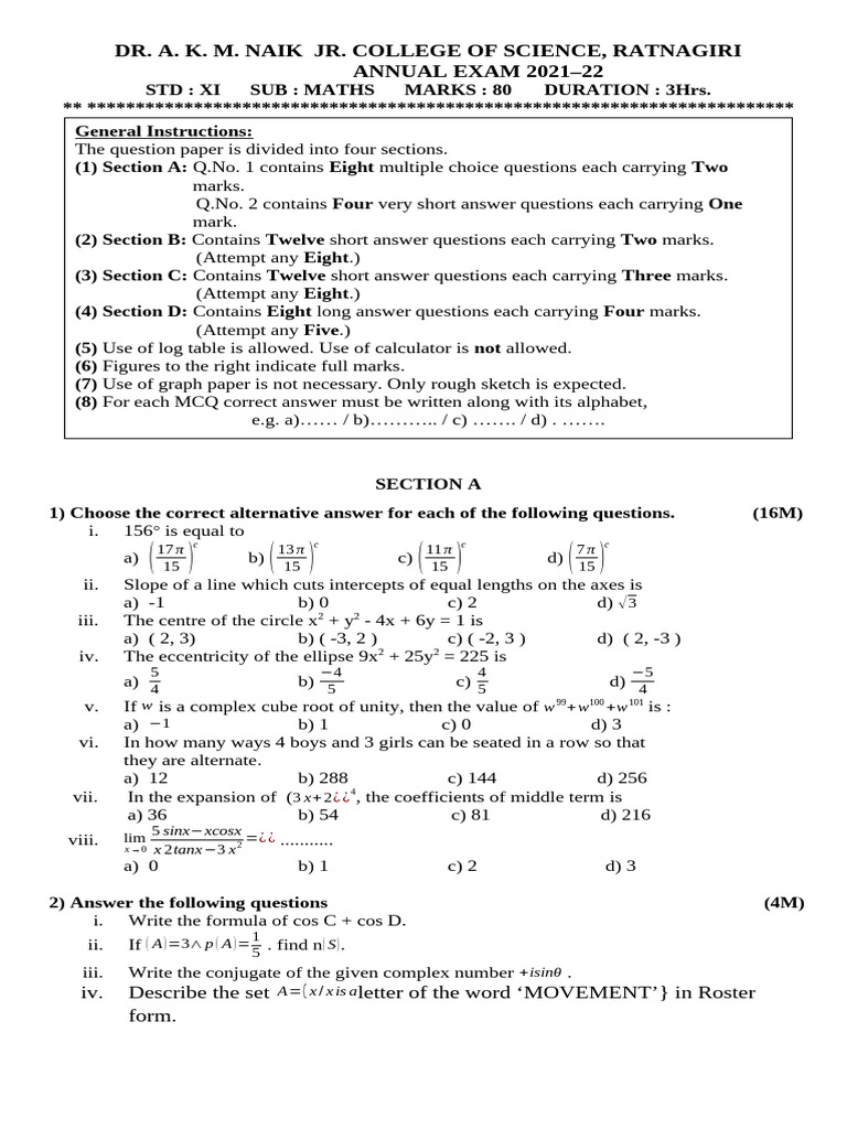 Annual Exam 21-22 XI Sci Maths 2nd Paper | PDF | Complex Number ...