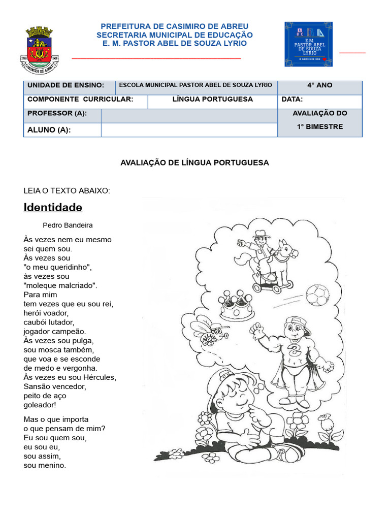 Avaliação de Língua Portuguesa - 4° Ano - 1° Bimestre | PDF ...