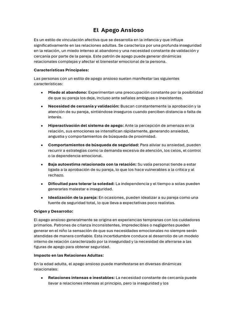 El Apego Ansioso | PDF | Teoría de apego | Las emociones