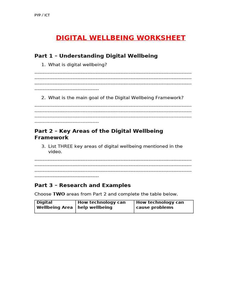 Digital Wellbeing Worksheet | PDF | Chess Theory | Chess