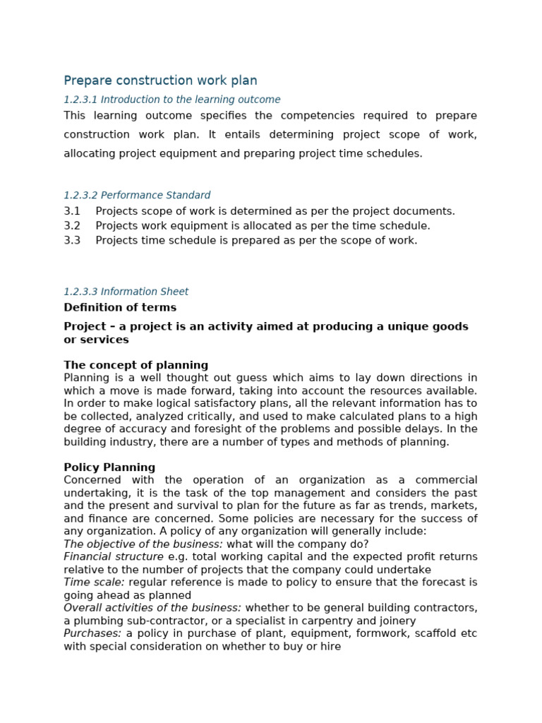 Prepare Construction Work Plan | PDF