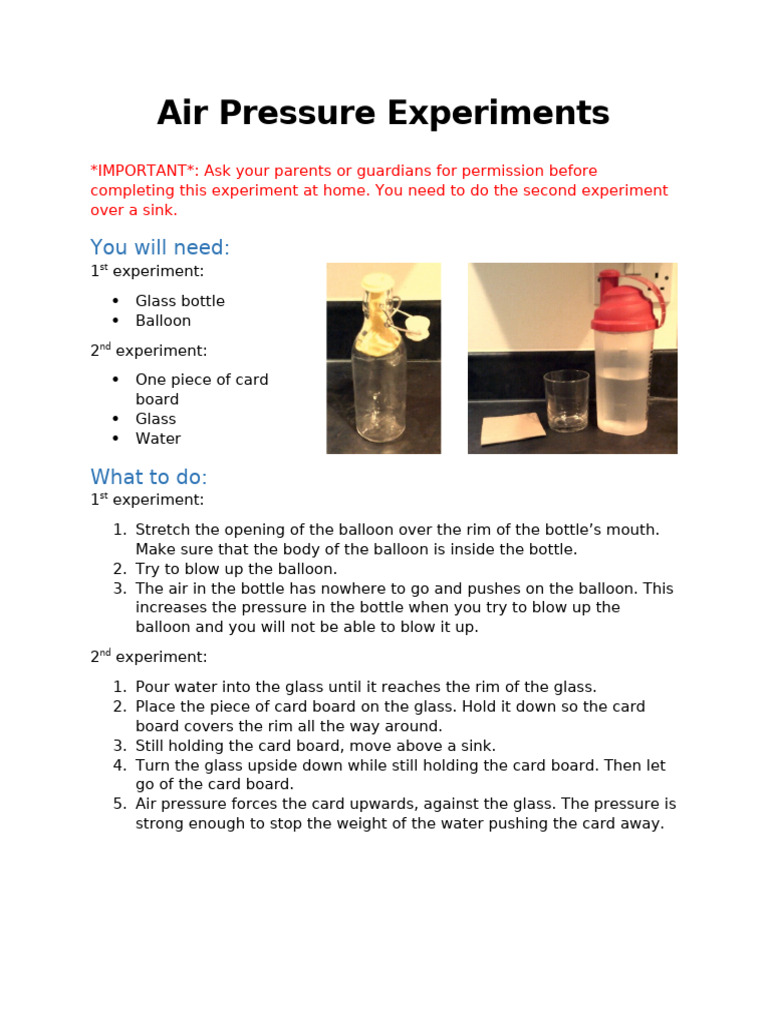 Air Pressure Experiments at Home | PDF