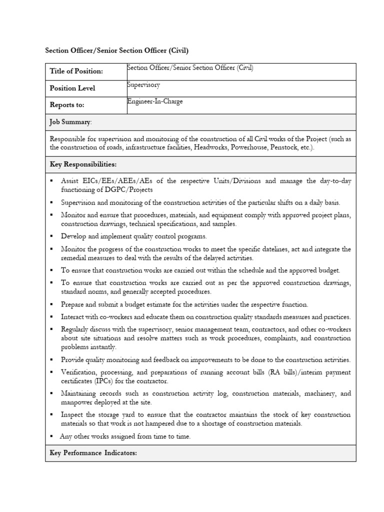 Section Officer/Senior Section Officer (Civil) Title of Position ...
